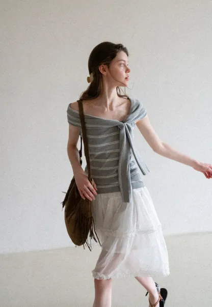 Off Shoulder Knotted Striped Ribbed Knit Tank Top