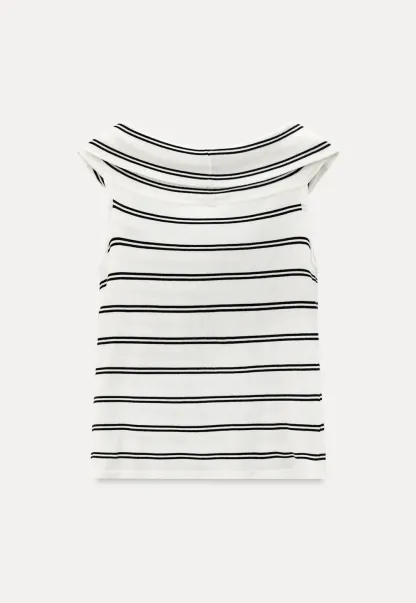Off Shoulder Knotted Striped Ribbed Knit Tank Top