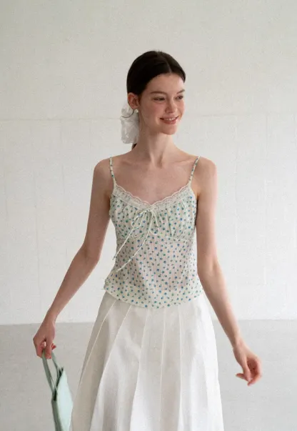 Lace Trim Polka Dot Drawstring Tank Top