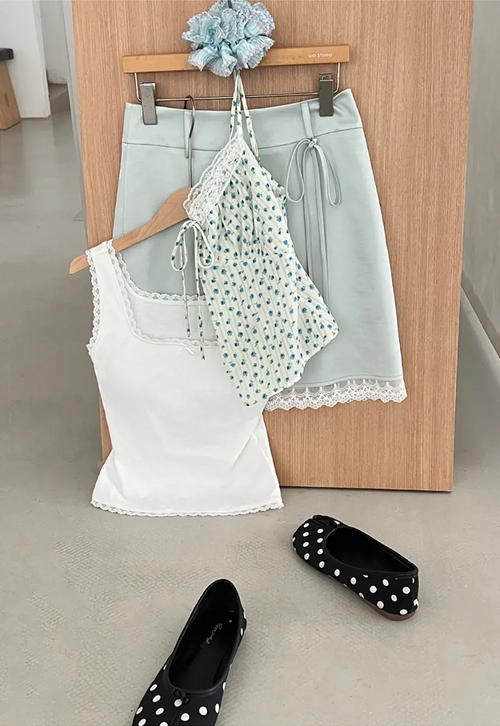Lace Trim Polka Dot Drawstring Tank Top