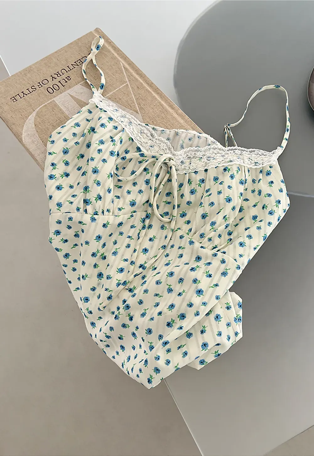 Lace Trim Polka Dot Drawstring Tank Top