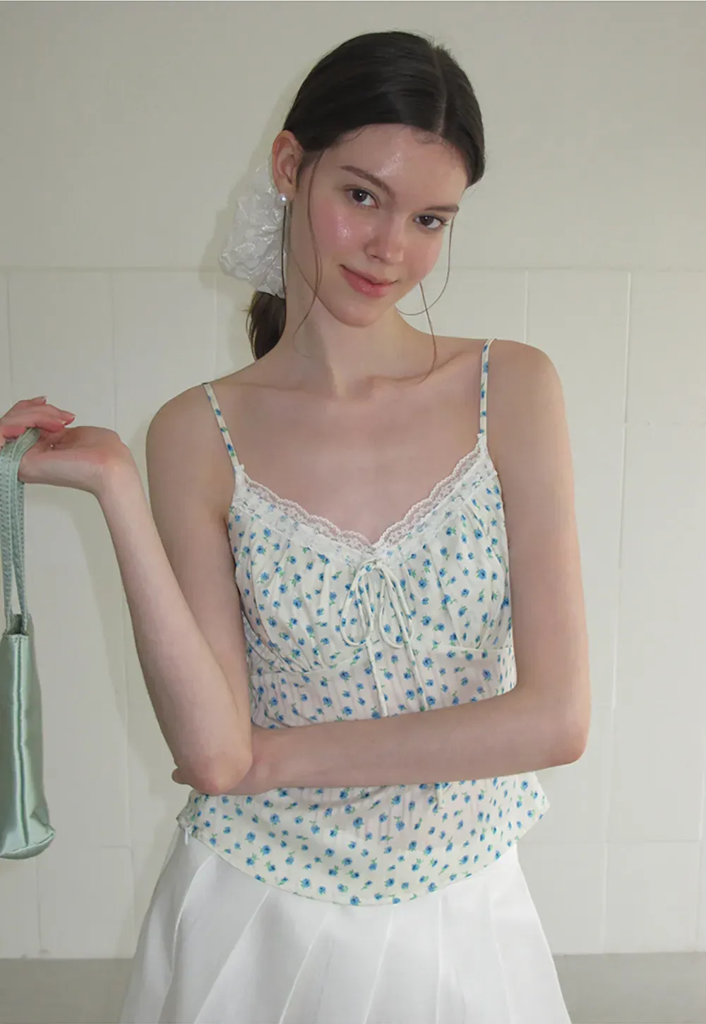 Lace Trim Polka Dot Drawstring Tank Top