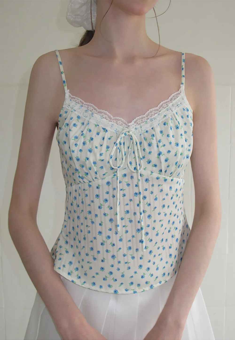 Lace Trim Polka Dot Drawstring Tank Top