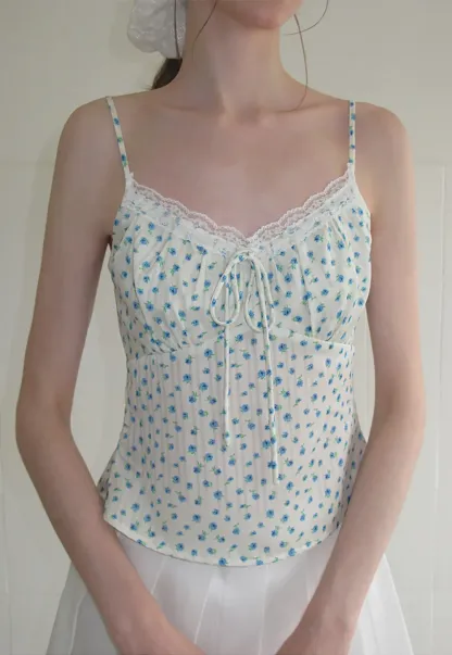 Lace Trim Polka Dot Drawstring Tank Top