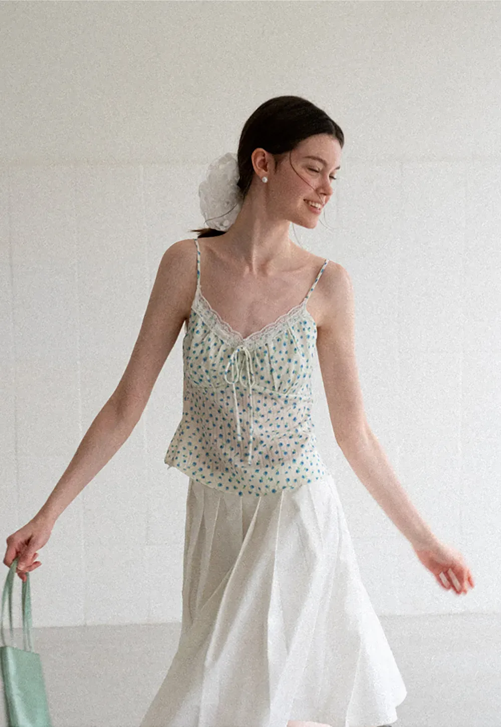 Lace Trim Polka Dot Drawstring Tank Top
