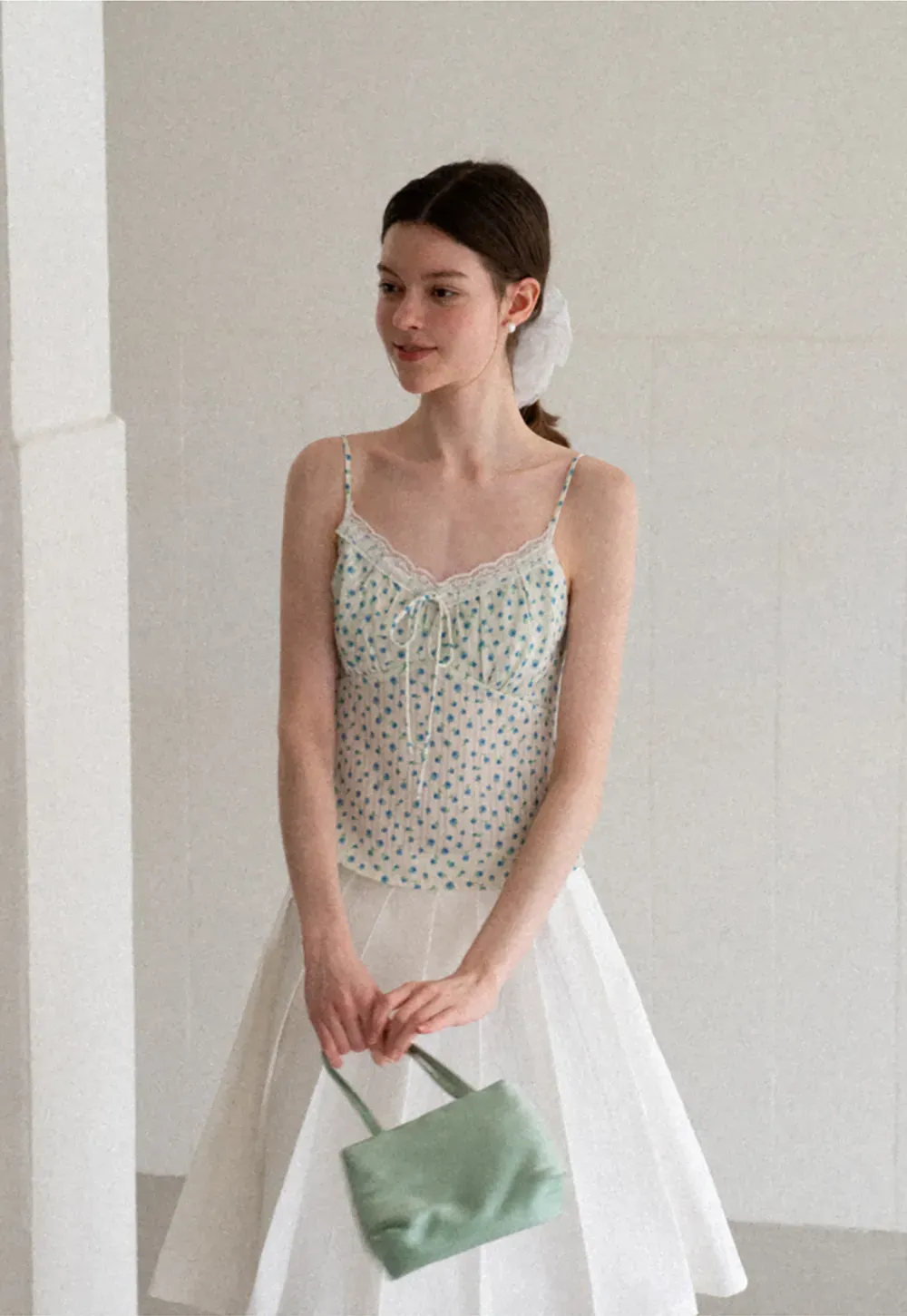 Lace Trim Polka Dot Drawstring Tank Top
