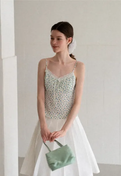 Lace Trim Polka Dot Drawstring Tank Top