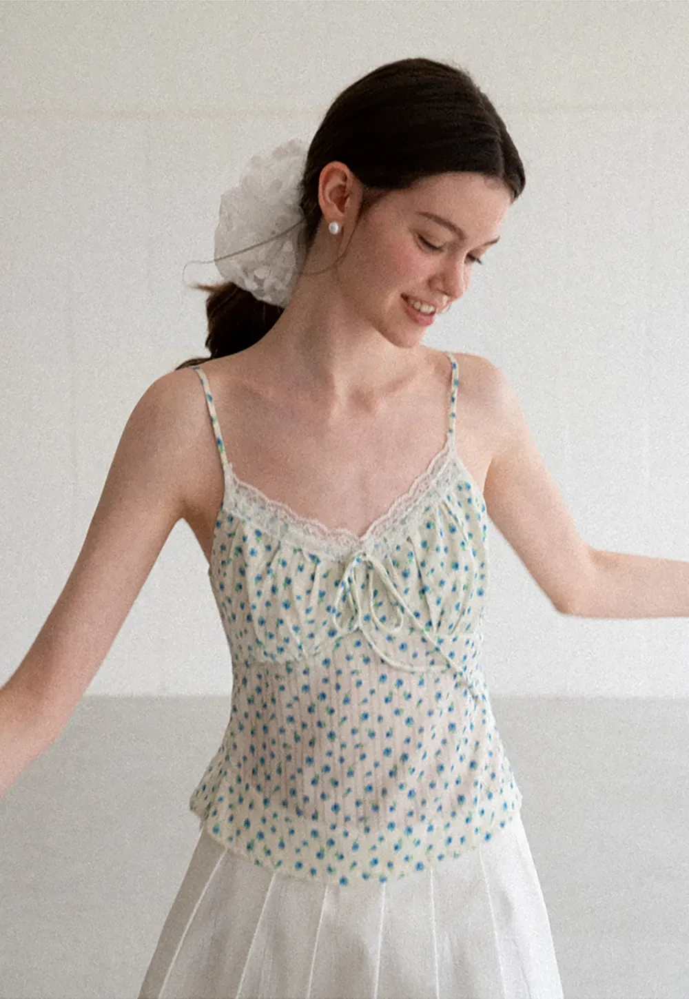 Lace Trim Polka Dot Drawstring Tank Top