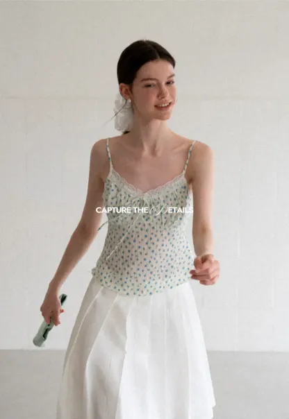 Lace Trim Polka Dot Drawstring Tank Top