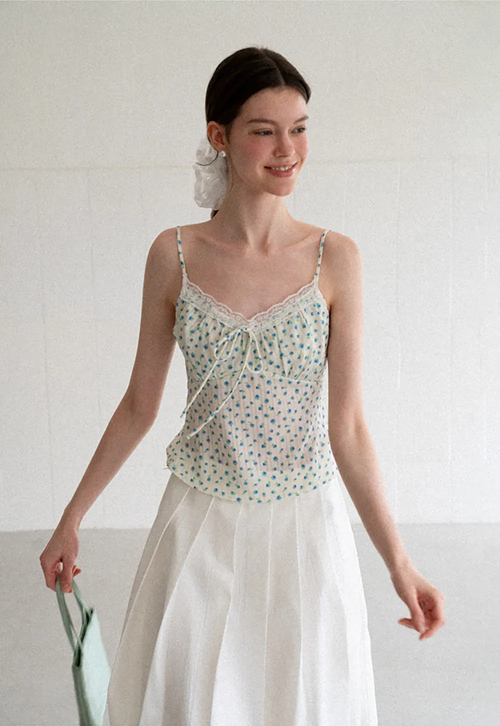 Lace Trim Polka Dot Drawstring Tank Top