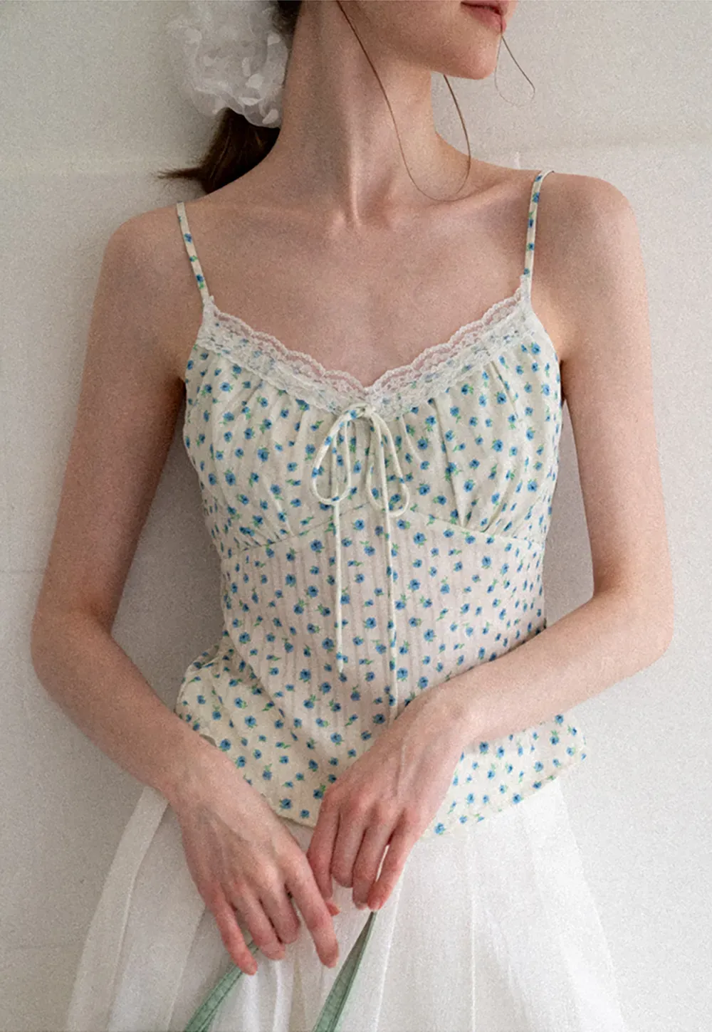 Lace Trim Polka Dot Drawstring Tank Top