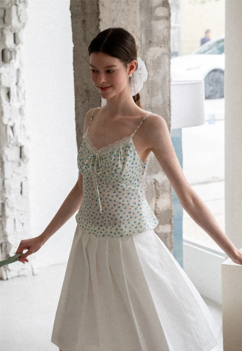 Lace Trim Polka Dot Drawstring Tank Top