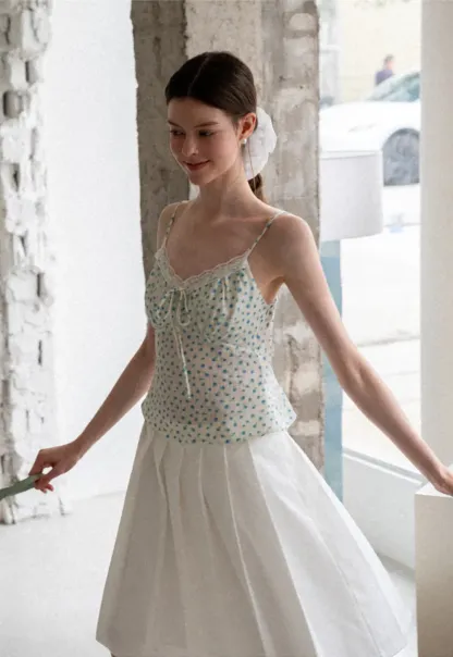 Lace Trim Polka Dot Drawstring Tank Top