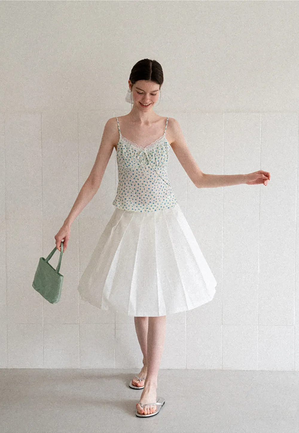 Lace Trim Polka Dot Drawstring Tank Top