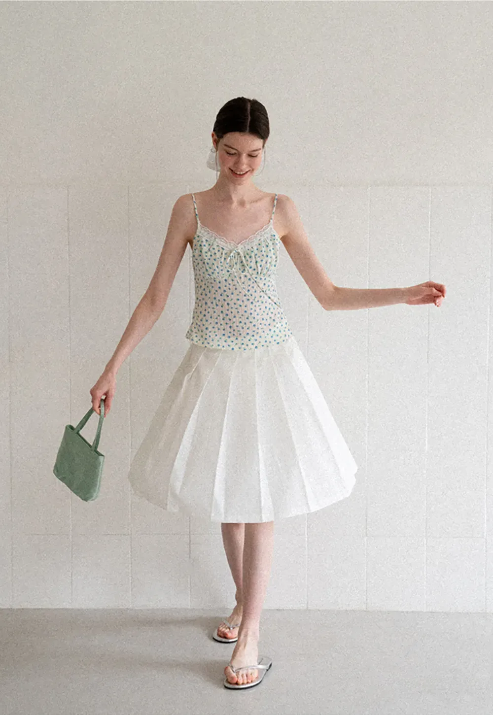 Lace Trim Polka Dot Drawstring Tank Top