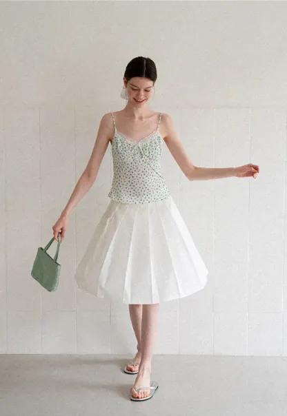 Lace Trim Polka Dot Drawstring Tank Top