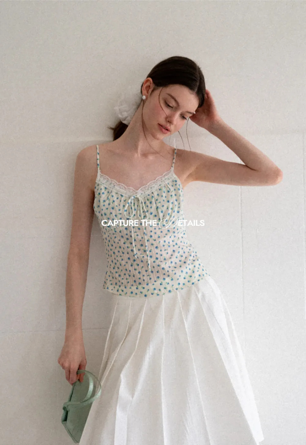 Lace Trim Polka Dot Drawstring Tank Top