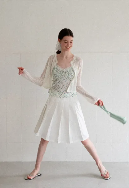 Lace Trim Polka Dot Drawstring Tank Top