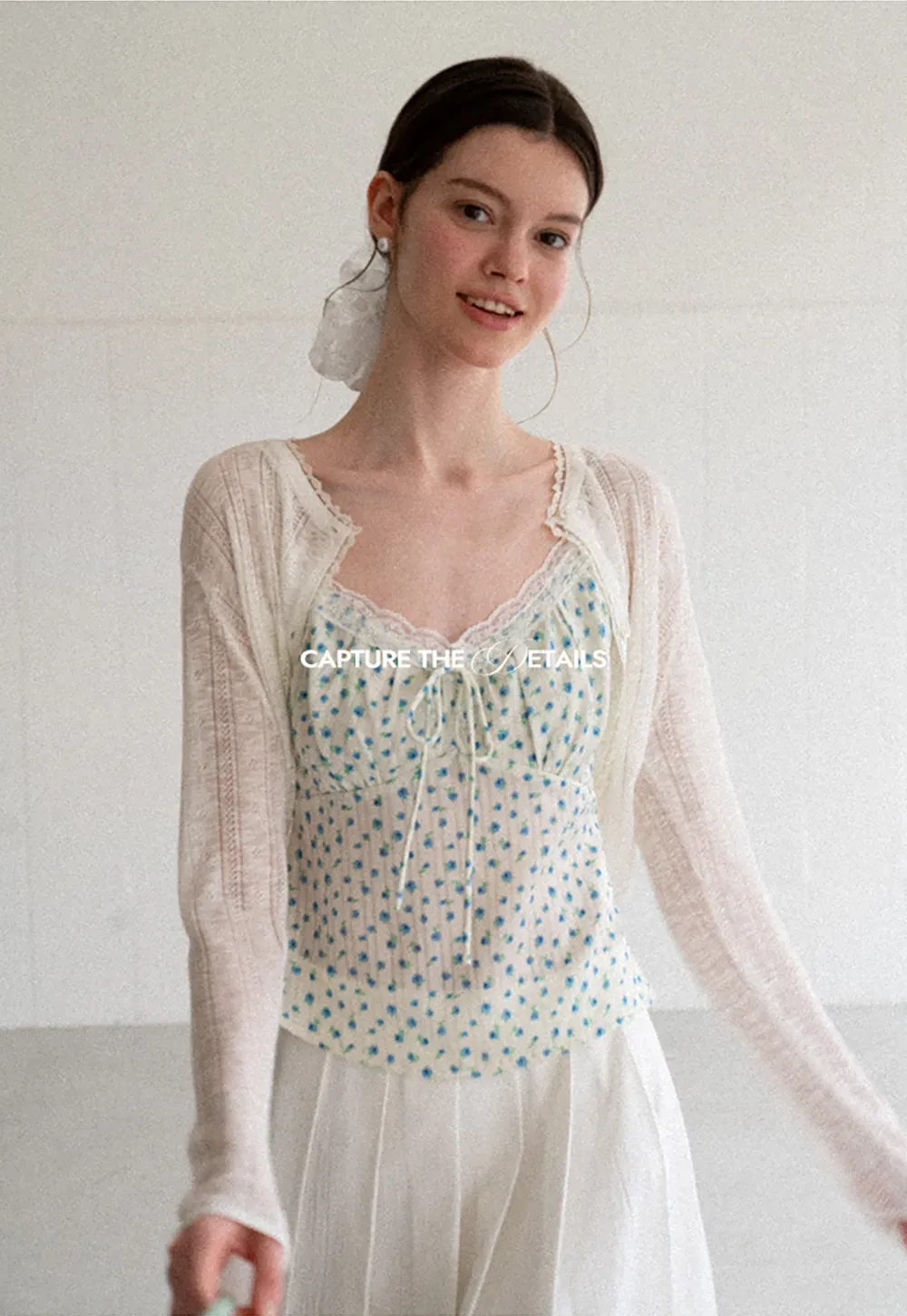 Lace Trim Polka Dot Drawstring Tank Top