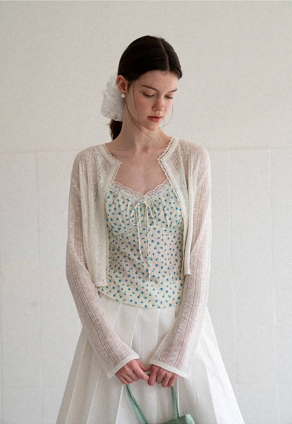 Lace Trim Polka Dot Drawstring Tank Top