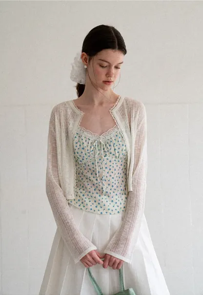 Lace Trim Polka Dot Drawstring Tank Top