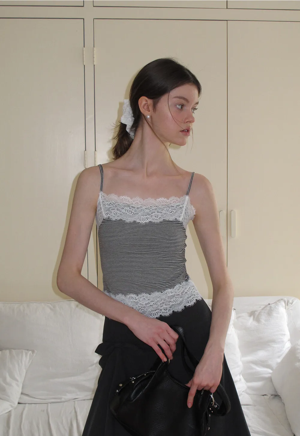 Lace Trim Striped Spaghetti Strap Tank Top