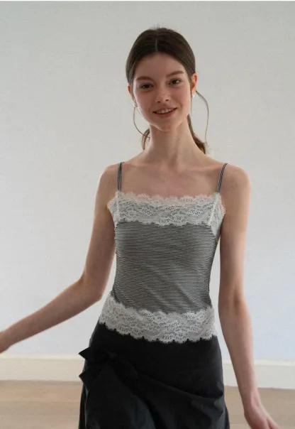 Lace Trim Striped Spaghetti Strap Tank Top
