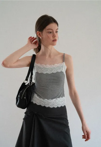 Lace Trim Striped Spaghetti Strap Tank Top