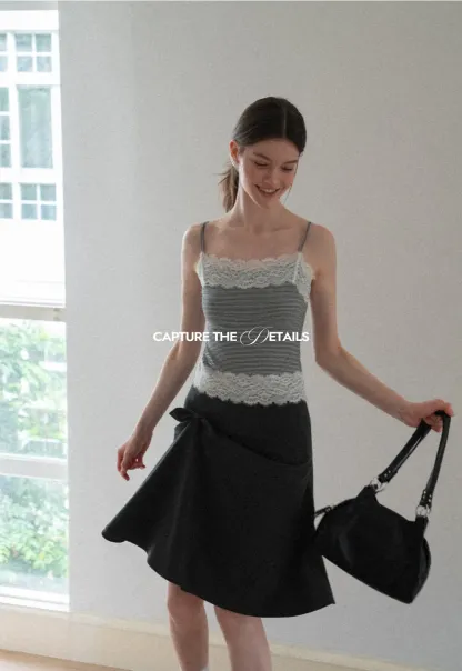 Lace Trim Striped Spaghetti Strap Tank Top