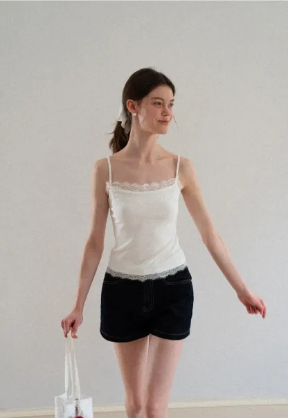 Lace Trim Striped Spaghetti Strap Tank Top