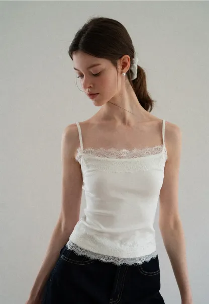 Lace Trim Striped Spaghetti Strap Tank Top