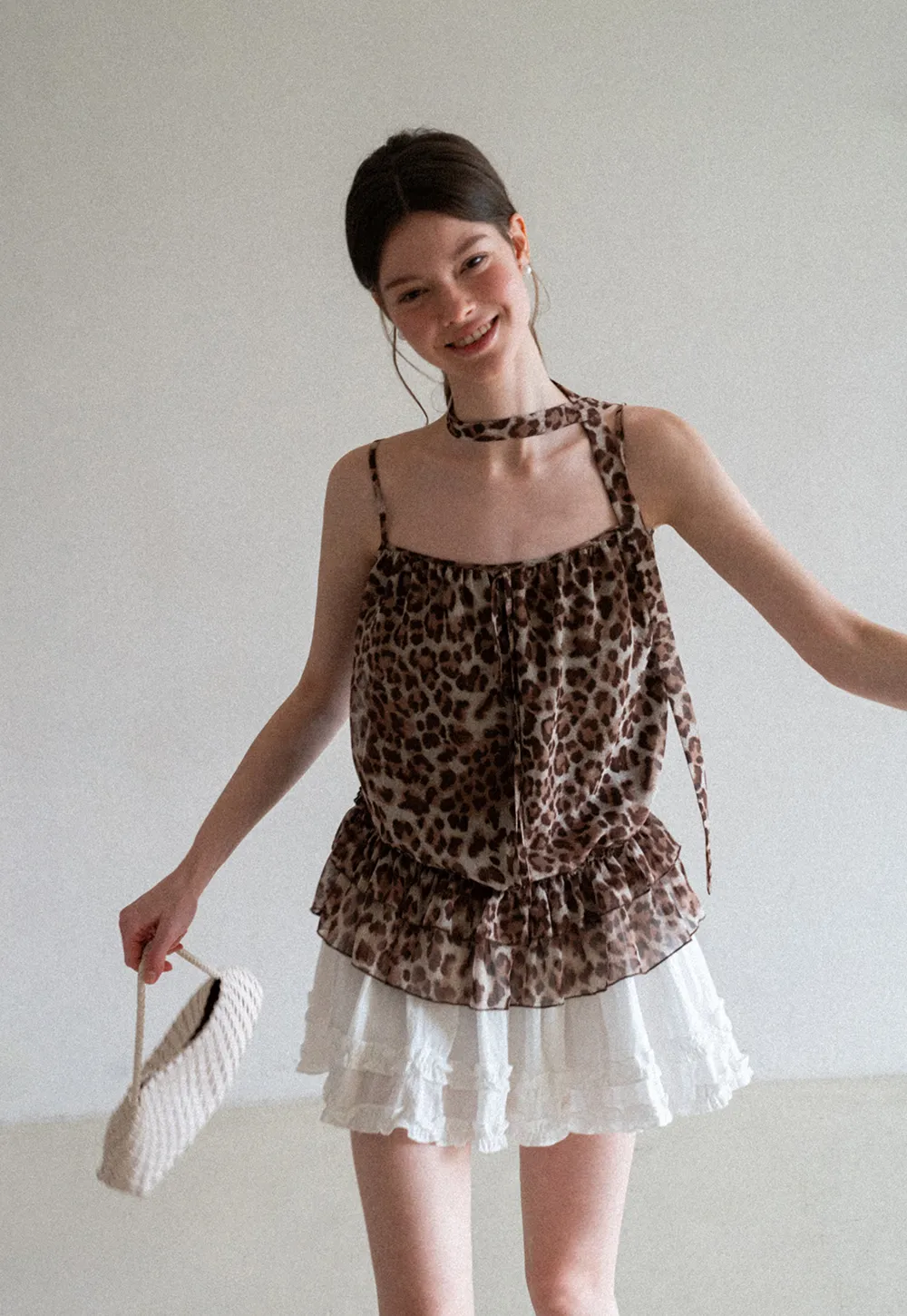 Ruffled Leopard Print Halter Neck Tank Top