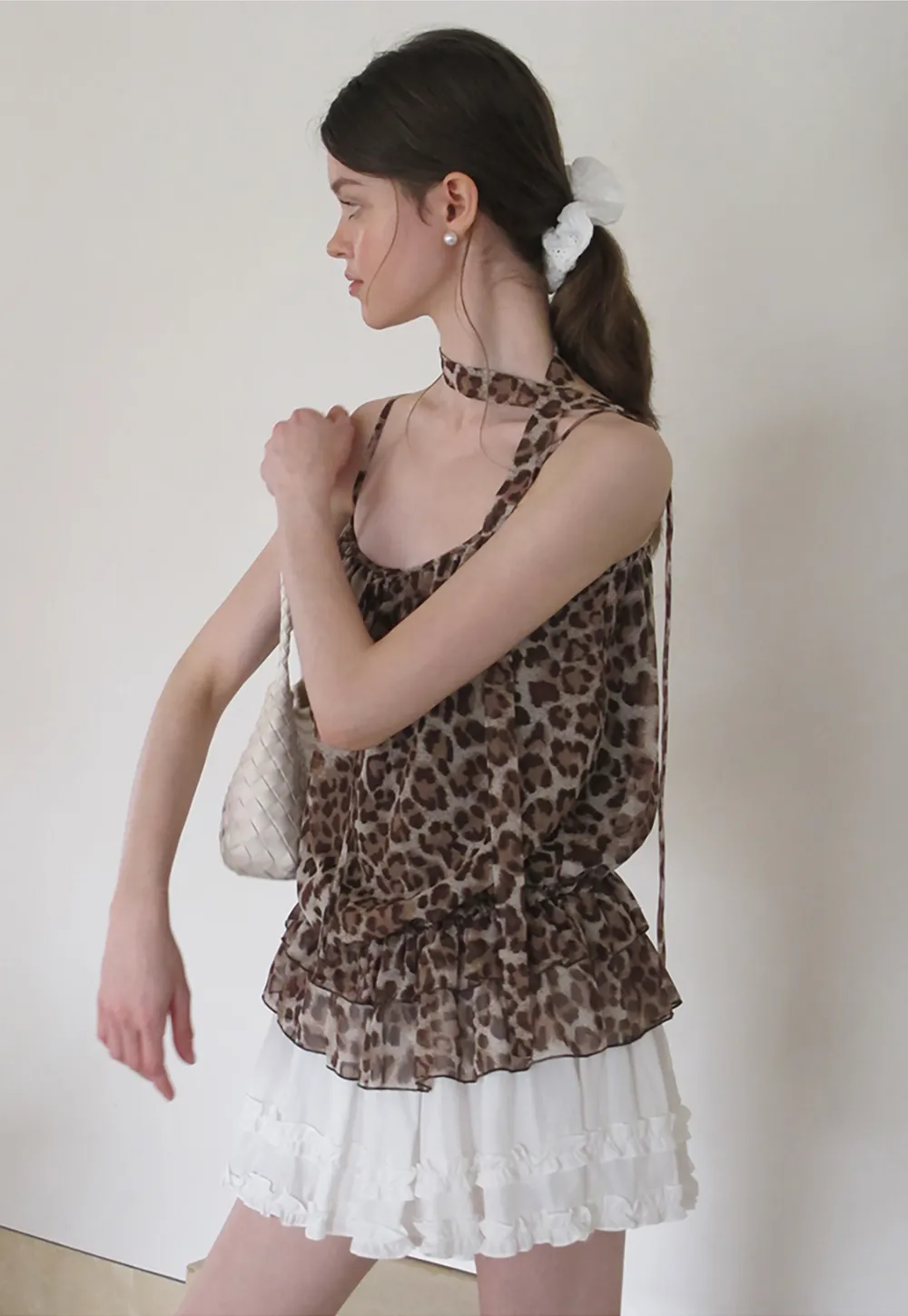 Ruffled Leopard Print Halter Neck Tank Top