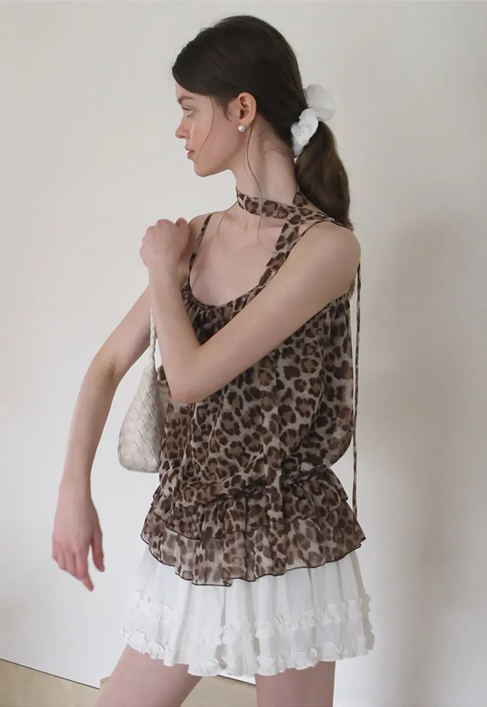 Ruffled Leopard Print Halter Neck Tank Top