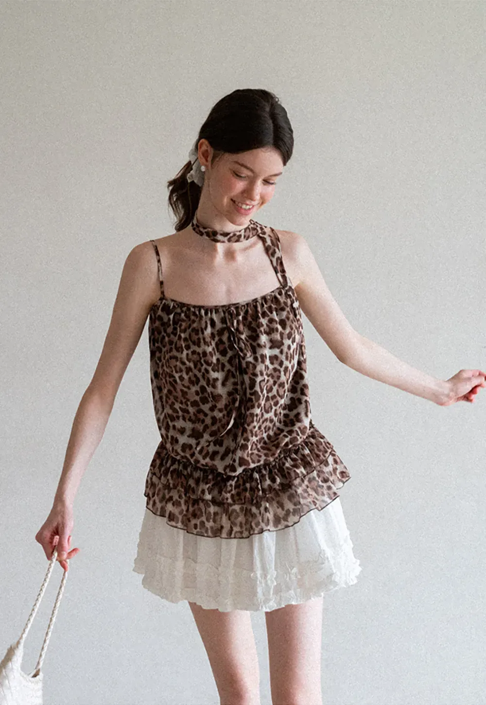 Ruffled Leopard Print Halter Neck Tank Top