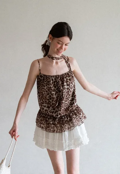 Ruffled Leopard Print Halter Neck Tank Top