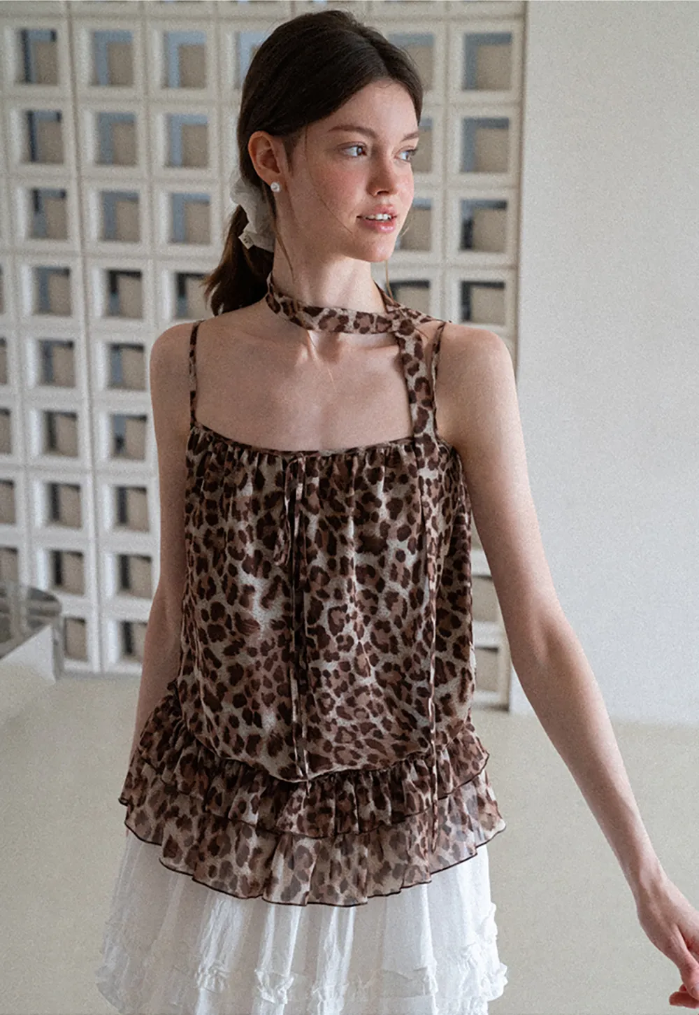 Ruffled Leopard Print Halter Neck Tank Top