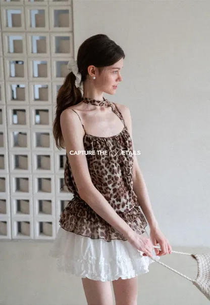 Ruffled Leopard Print Halter Neck Tank Top