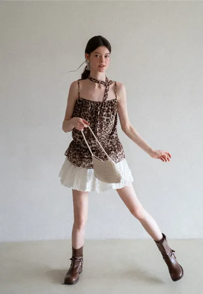 Ruffled Leopard Print Halter Neck Tank Top