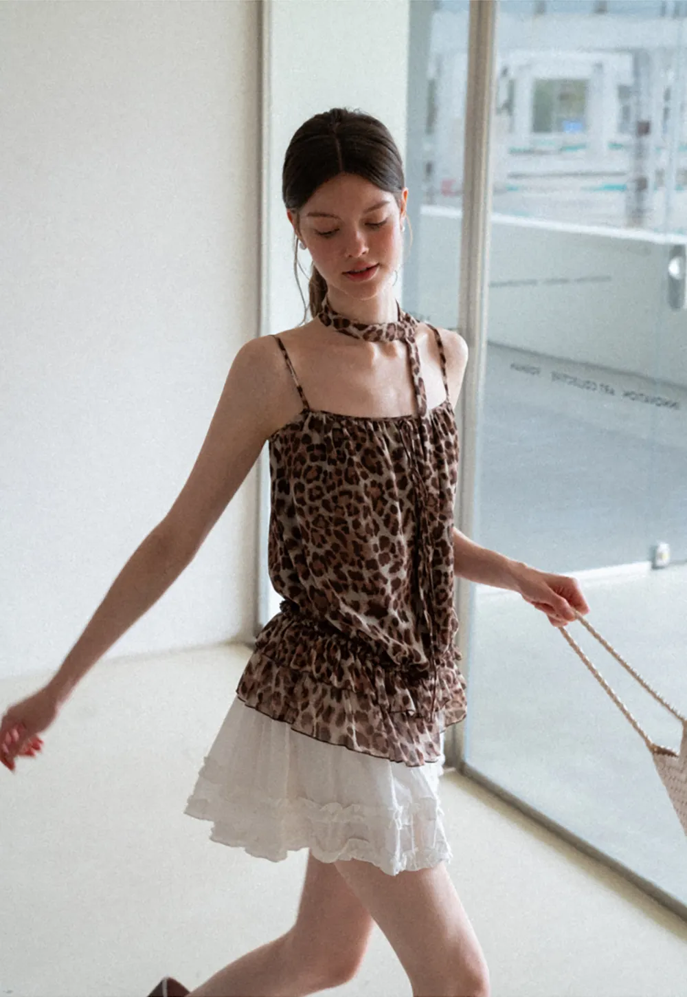 Ruffled Leopard Print Halter Neck Tank Top