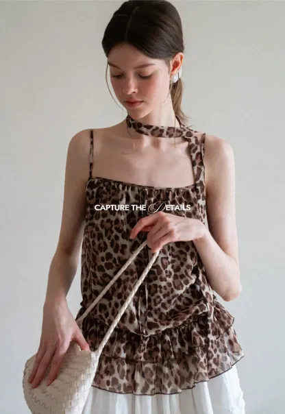 Ruffled Leopard Print Halter Neck Tank Top