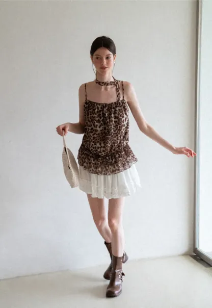 Ruffled Leopard Print Halter Neck Tank Top