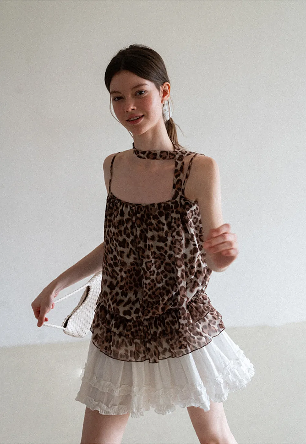 Ruffled Leopard Print Halter Neck Tank Top