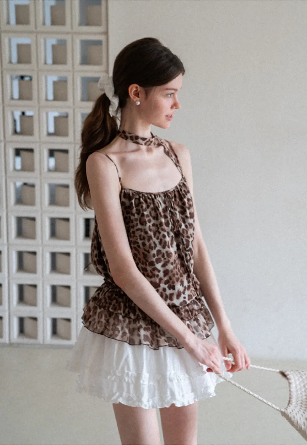 Ruffled Leopard Print Halter Neck Tank Top