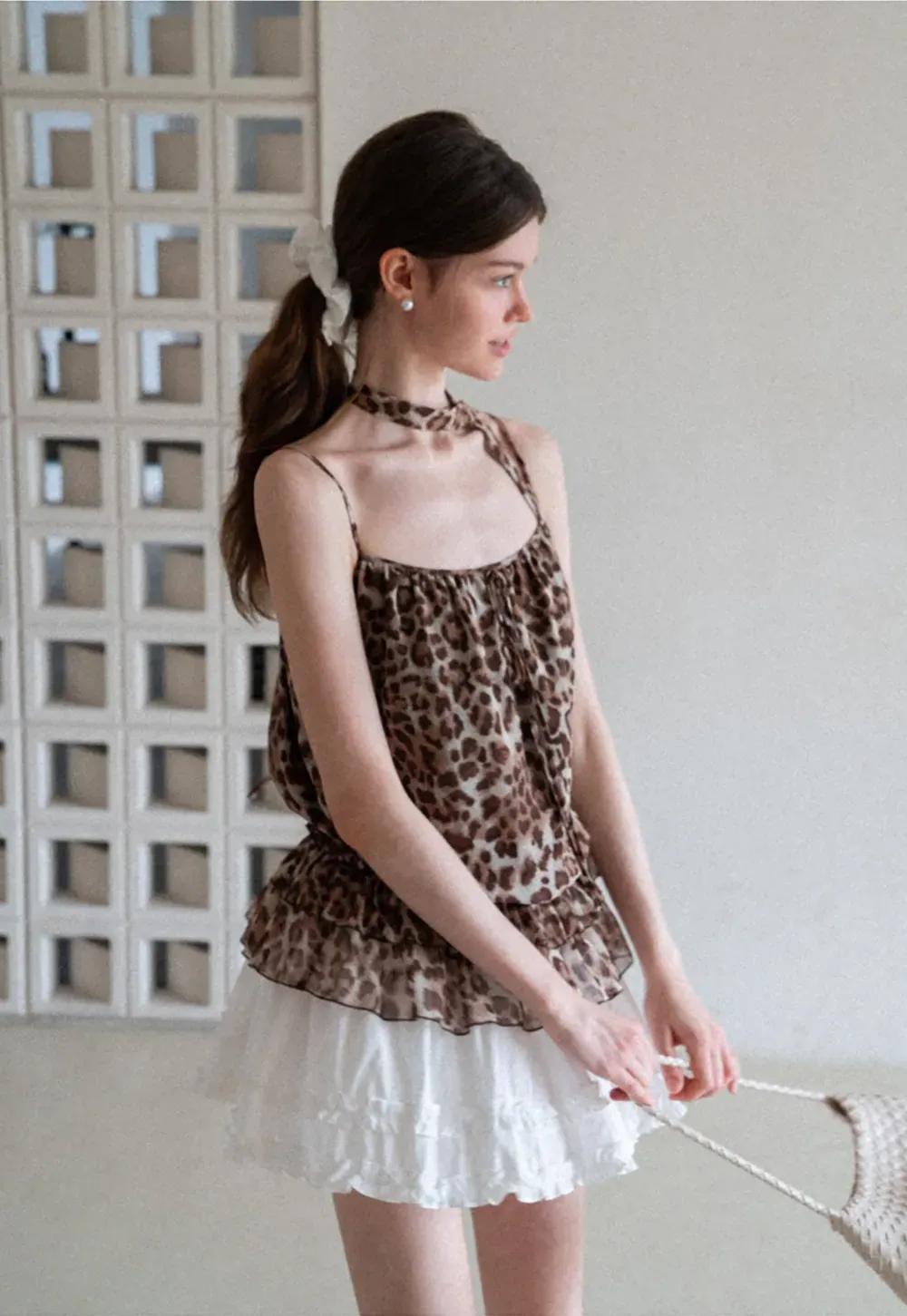 Ruffled Leopard Print Halter Neck Tank Top
