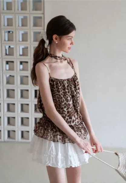 Ruffled Leopard Print Halter Neck Tank Top