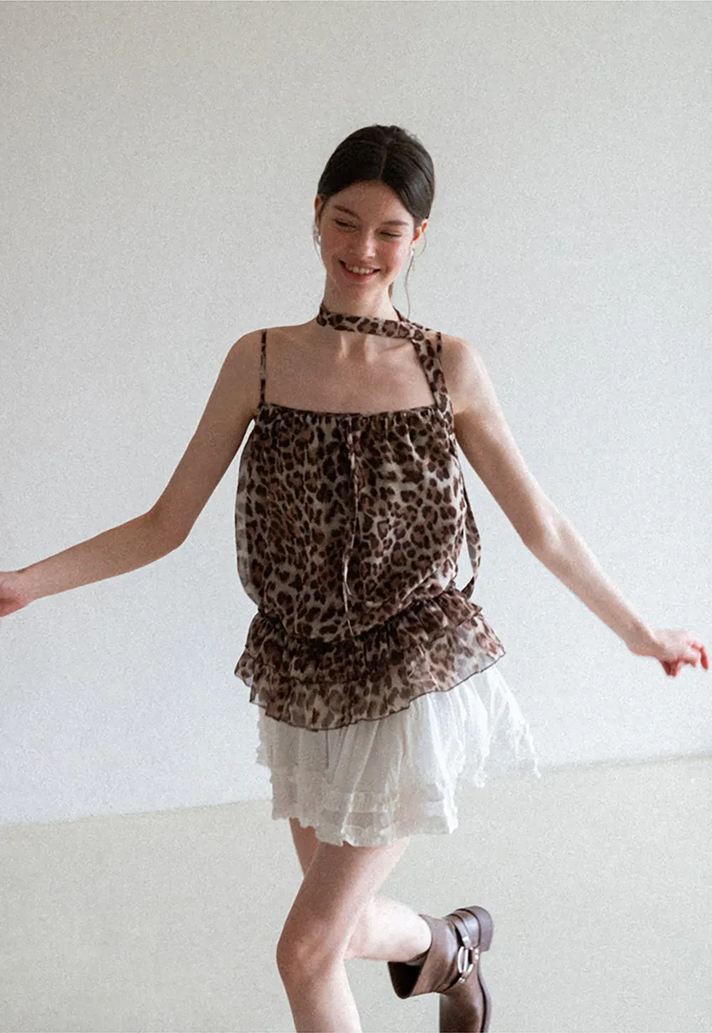 Ruffled Leopard Print Halter Neck Tank Top