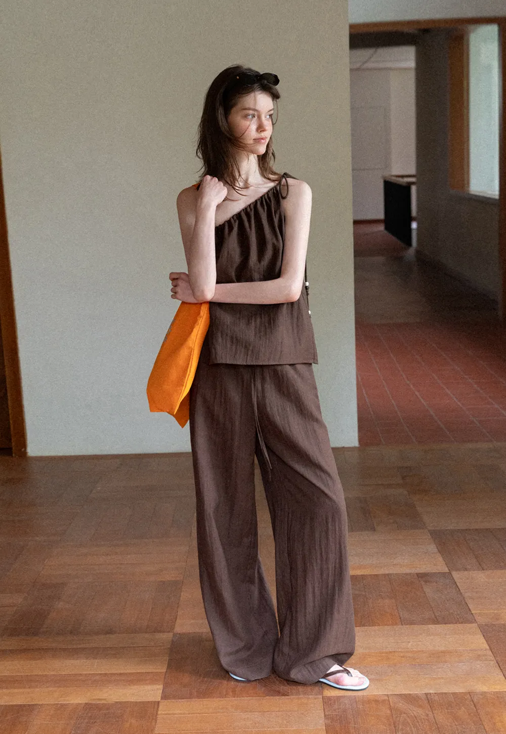 Asymmetrical Strap Top High Waist Wide Leg Pants Set