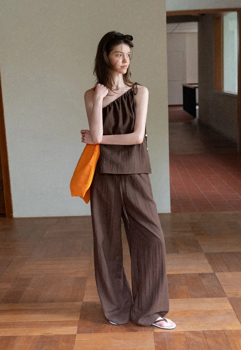 Asymmetrical Strap Top High Waist Wide Leg Pants Set