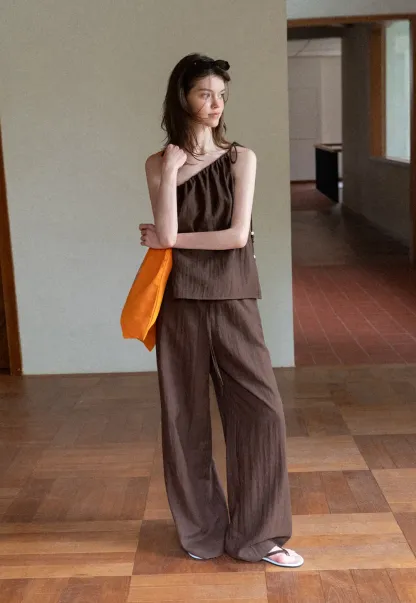 Asymmetrical Strap Top High Waist Wide Leg Pants Set